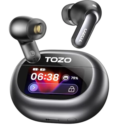 TOZO NC20 Pro Auriculares Bluetooth inalámbricos con Pantalla táctil Inteligente, cancelación Activa de Ruido adaptativa, Audio LDAC Hi-Res, 12 mm Controlador, Modo Juego, 6 mics, IPX8, Negro