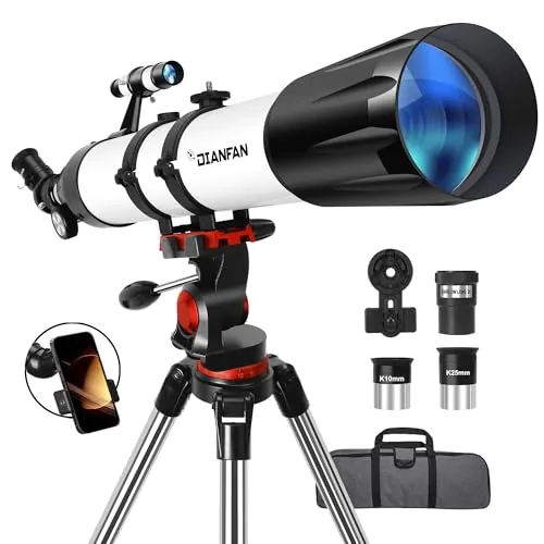 Dianfan 90/800 (32X-240X) Telescopio Astronómico Profesional para Niños y Adultos.Telescopio Refractor para Principiantes,con Trípode Inoxidable y Adaptador para Teléfono, Bolsa