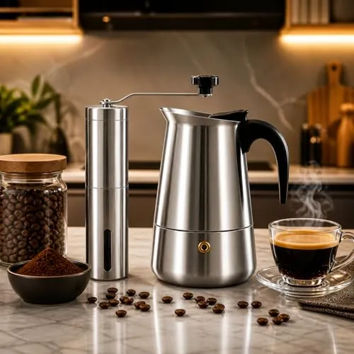 Cafetera italiana - Cafetera Italiana inducción - PACK Con Molinillo - Cafetera Italiana acero inoxidable - Cafetera 9 tazas(450 ml)- Compatible con todo tipo de cocinas:gas, vitrocerámica e inducción