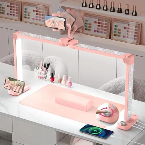 Adonafy Media Luna Lámpara para Uñas: 34" Lampara Media Luna con Soporte - 3 Modos de Color y 10 Niveles de Brillo Ajustables para Manicura (Rosa con Diamante)