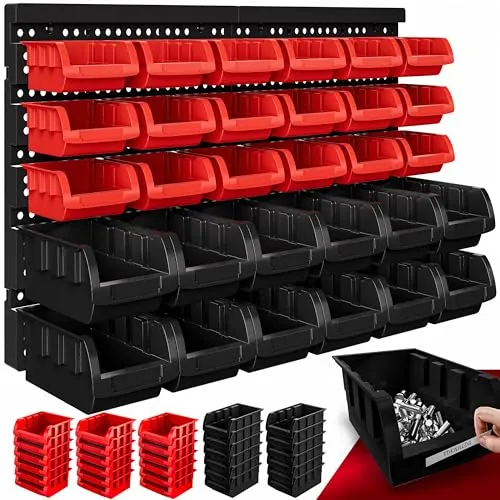 MONZANA Organizador de Herramientas de Pared 32 Pzas. | 30 Cajas Apilables, Paneles Perforados 64x38 cm, Resistente, Ampliable, Almacenamiento Taller, Garaje