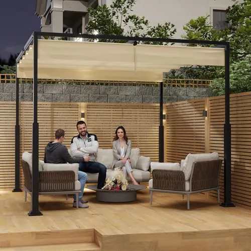 UISEBRT Pérgola metálica de 3 x 3 m, impermeable, estable, resistente al invierno, pabellón con techo de lamas, cubierta independiente con techo corredizo, protección solar para jardines y terrazas