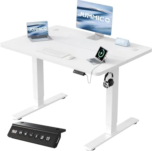 JUMMICO Escritorio Elevable Eléctrico con Cargador USB, Escritorio Regulable en Altura Ergonomica Escritorio de pie Ajustable Smart Panel con Funciones de Memoria, Standing Desk 100 x 60 cm, Blanco