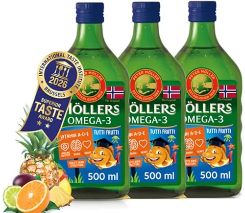 Moller’s ® | Aceite de hígado de bacalao | Complemento dietético con omega-3 EPA, DHA y vitaminas A, D y E | Sabor Tutti Frutti | 250 ml x 3