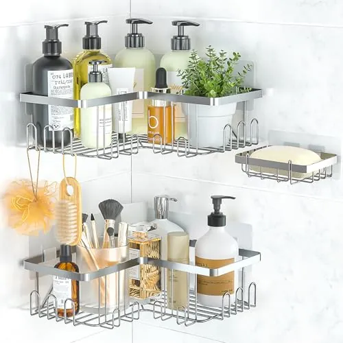 PNNP Estanteria Baño sin Taladros 3 Piezas: Estanteria Ducha Rinconera Acero Inoxidable, Estante Organizador para Almacenamiento de Champú Gel Jabonera (Plata)