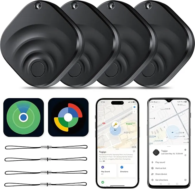 2026 Air Tracker Etiquetas Localizador de artículos para Android y iOS Bluetooth Tracker Etiquetas Inteligentes Compatibles con Apple Find My (iOS) y Google Find Hub (Android) Negro (Paquete de 4)