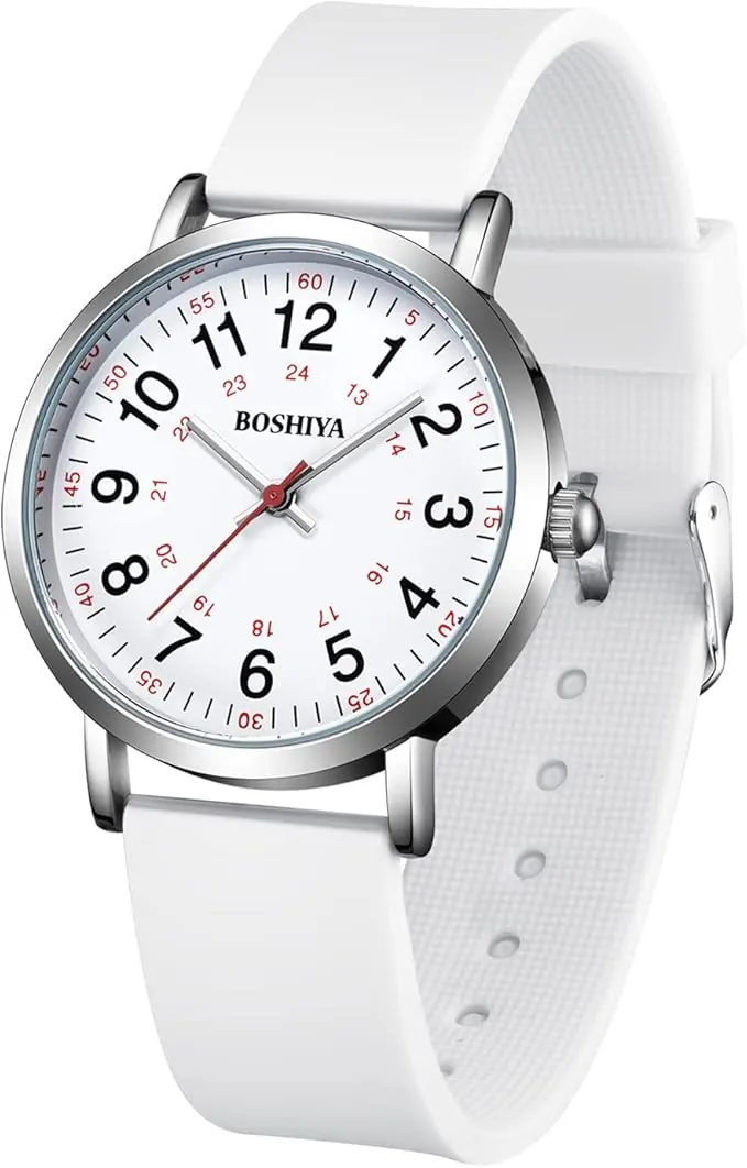 BOSHIYA Reloj de enfermera, reloj de enfermería para enfermeras, profesionales médicos y estudiantes, reloj de segunda mano para enfermeras, correa de silicona blanca., Esfera blanca correa blanca