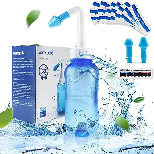 WATERPULSE Neti Pot Sinus Botella de enjuague 300 ml, limpiador de nariz, con 30 paquetes de sal y un termómetro, del limpiador nasal Riego a presión para adultos y niños, sin BPA,Azul