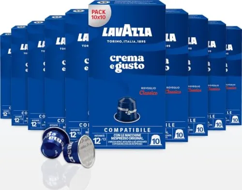 Lavazza, Crema e Gusto Classico, Cápsulas de Café Compatibles con Máquinas Nespresso Original, con Notas de Especias y Cacao, Arábica y Robusta, Intensidad 12/13, Tueste Ligero, 10 Paquetes x 10