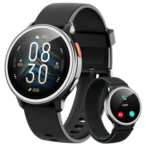 Reloj Inteligente Mujer Hombre,1.27" Smartwatch Mujer Redondo para iPhone/Samsung/Android,2 Correas y 120+ Modos Deportivos,Monitor de Sueño Funciones de Salud y Fitness 3ATM Impermeable,Negro