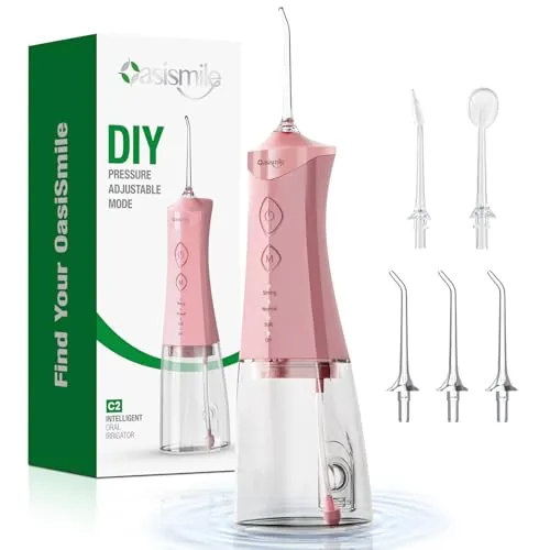 OasiSmile Irrigador Dental, 350 ML Irrigador Bucal con Autoajuste DIY, Rosa