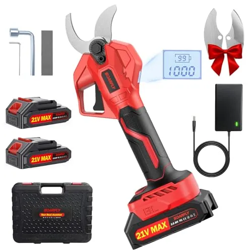 SOARFLY Tijeras de Podar Electricas 50 mm, Tijeras de Podar Bateria 21V MAX con 2 Baterías de 2,0 Ah, Motor Sin Escobillas, Pantalla LCD, Hoja SK7, Maletín y Cuchilla de Repuesto