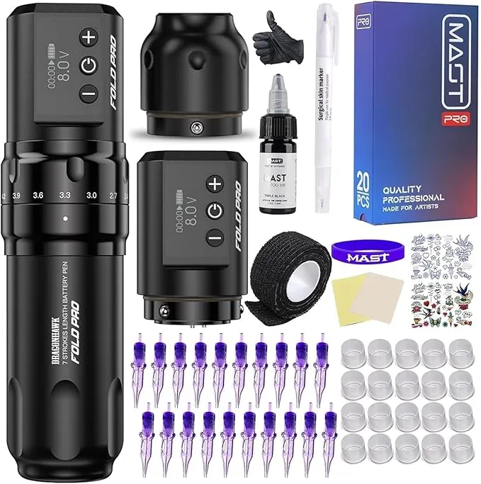Dragonhawk Fold Pro Kit de Máquina de Tatuar Inalámbrica con 2 Baterías – 7 Stroke Length (2.4-4.2mm) – 20 Agujas para Tatuar para Liner and Shading