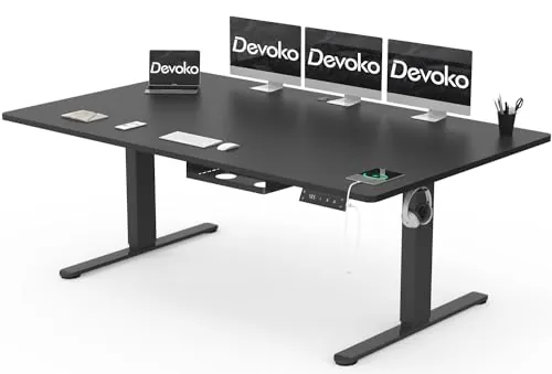 Devoko Escritorio Elevable Eléctrico 200 x 100 cm de Carga USB A, Escritorio Ajustable en Altura con Tablero, 3 Función de Memoria y Anticolisión, Regulable en Altura 72-116cm, Negro