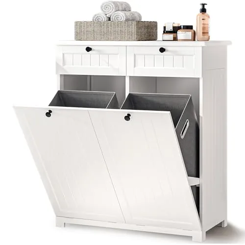 Xbro Armario Ropa Sucia, Armario de Baño con 2 Cestos pxara Ropa, 2 Cajón y Bolsa para Ropa Sucia Extraíble, Blanco (78 x 38 x 90 cm)