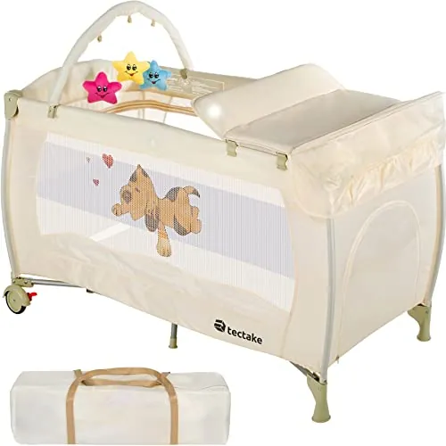 tectake® Cuna Bebe Plegable y Ajustable, Parque Infantil con Corralito y Bolsa de Transporte, Cama Infantil Portátil, Corral para Bebe - 132 x 75 x 104 cm Diseño Tigre Beige