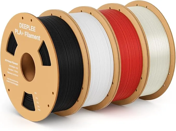 DEEPLEE Filamento PLA+ 1.75 mm, Kit 4 Bobinas Negro, Blanco, Rojo y Translúcido (4kg). Mayor Resistencia y Dureza. Precisión ±0.02 mm, Sin Atascos. Compatible con FDM.