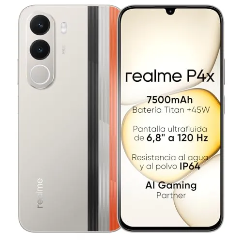 Smartphone realme P4X 4G, 4GB+256GB, Pantalla LCD 120Hz 6,8", Batería Titan 7500mAh, Carga rápida 45W, Carga inversa 6W, Antichoque MIL-STD 810H, IP64, Sistema Next IA, Blanco Rally (Sin Cargador)