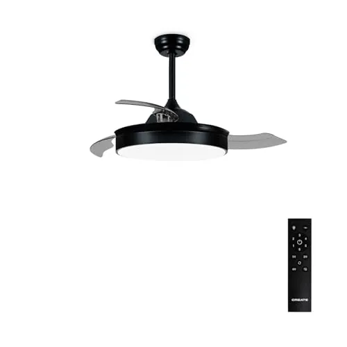 CREATE / WIND CLEAR M/Ventilador de techo con luz negro con mando / 40W, Ø108 cm, temporizador, 6 velocidades, aspas retráctiles, 3 temperaturas de luz, función verano-invierno