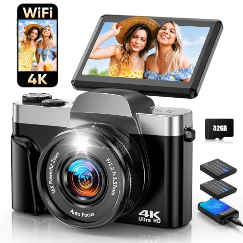 Cámara Digital con WiFi, 4K 64MP Cámara de Fotos Compacta | Autofoco, Pantalla 3" 180°, Flash, Webcam, Zoom 16X, Anti-Shake, Tarjeta 32GB, 2 Baterías para Adolescentes y Principiantes
