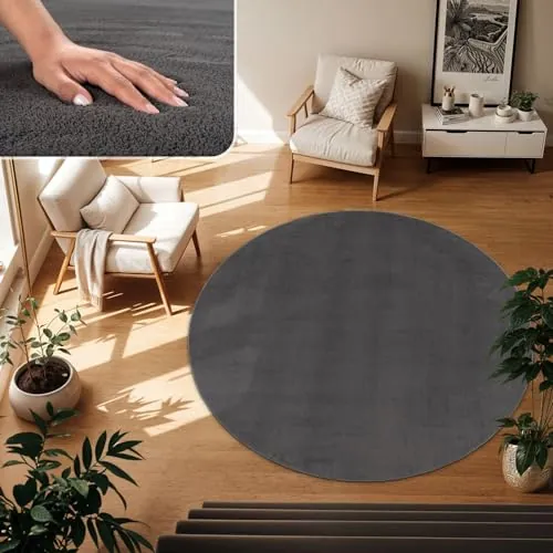 TT Home Alfombra Salón Antracita 160 cm Redondo Lavable y Pelo Corto