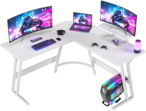 JUMMICO Escritorio Gaming de Esquina 120 x 120cm, Mesa Gaming en L con Soporte para Monitor, Mesa Gamer de Fibra de Carbono, Blanco