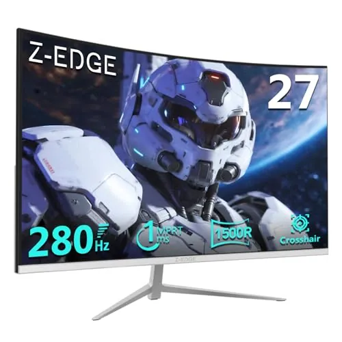 Z-Edge Monitor 27 Pulgadas Gaming Curvo, 280 Hz (DP) / 240 Hz (HDMI), 1 ms, Resolución FHD, Curvatura 1500R, FreeSync, Blanco, Inclinación Ajustable, 2×HDMI 2.0 + 2×DP 1.2