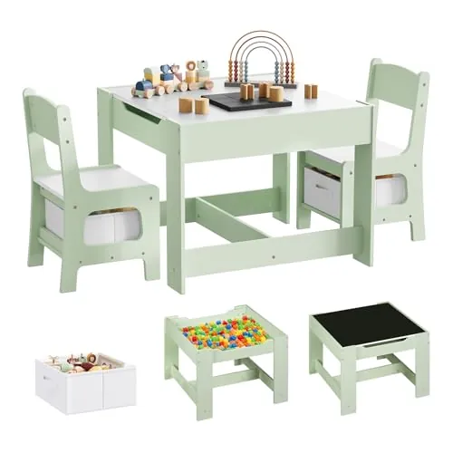WOLTU Juego de Mesa y 2 sillas Infantiles con Espacio de Almacenamiento | Tablero reversible blanco/pizarra, 62×61,5 cm, compartimento + cajas, MDF E1, carga 15/50 kg, fácil montaje, Verde + Blanco