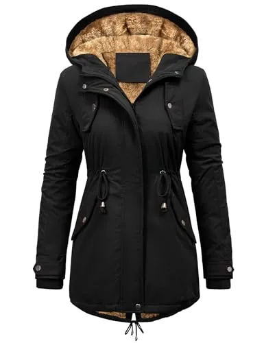 CMTOP Abrigos Mujer Invierno Termico Abrigo Forro Polar Chaqueta Invierno Largo con Capucha Chaqueta Cremallera Cálido a Prueba de Viento Casuales Parka con Cordón y Bolsillos(Negro, M)