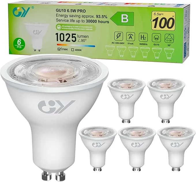 GY Clase B Bombillas GU10 LED Spot, 1025LM Blanco Cálido 2700K GU10 36° (haz estrecho), 6,5 W equivalente a 100 W, eficiencia energética, no regulable, juego de 6