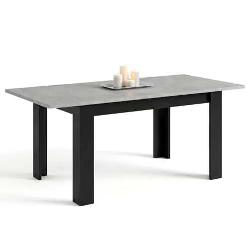 duehome | Mesa de Comedor Extensible, Mesa Rectangular, Modelo Sira, Acabado en Negro Mate y Gris Cemento, Medidas: 140-190 cm (Largo) x 90 cm (Ancho) x 78 cm (Alto)