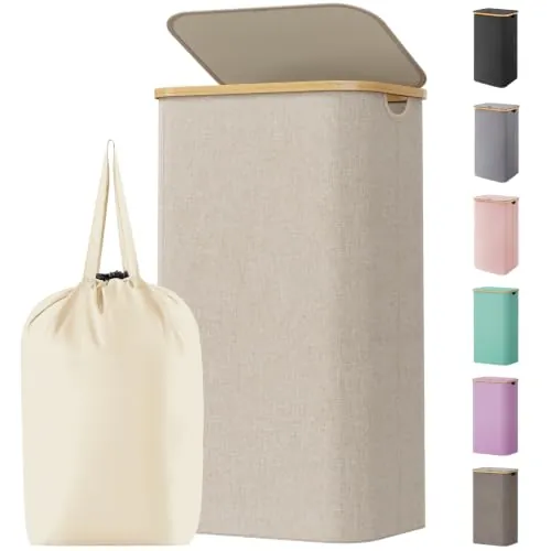 Lifewit Cesto para la Ropa Sucia de 105L con Tapa, Cesta para la Colada con Asas de Bambú y Una Bolsa Extraíble, Cesto de Ropa Plegable Grande para Dormitorio, Cuarto de Baño, Lavadero, Beige