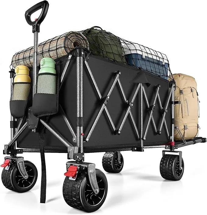 YEAUPE PRO Carro Plegable Todo Terreno – Frenos Dobles, Ruedas Anchas, Estructura Reforzada, Mango Ajustable – Ideal para Playa y Camping – 200-300L, Negro