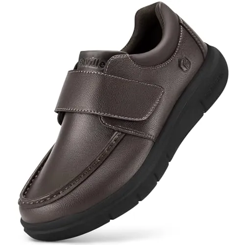 FitVille Zapatos Casual para Hombre Extra Anchos - Mocasines de Piel Sintética con Cierre de Gancho y Bucle Marrón 40 EU