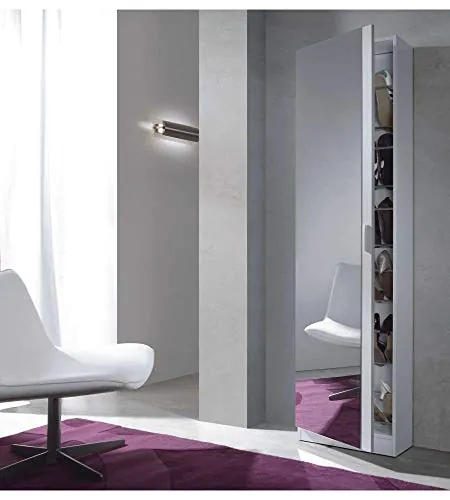 Habitdesign Zapatero de 1 Puerta con Espejo Modelo Kristal, Capacidad 16 Pares, Medidas: 180x50x20 cm, Color Blanco Brillo