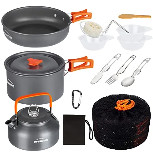 OVERMONT 14Pcs Kit de Utensilios Cocina Camping Olla Sartén Tetera Vajilla para Acampada Senderismo Excursión al Aire Llibre de Aluminio