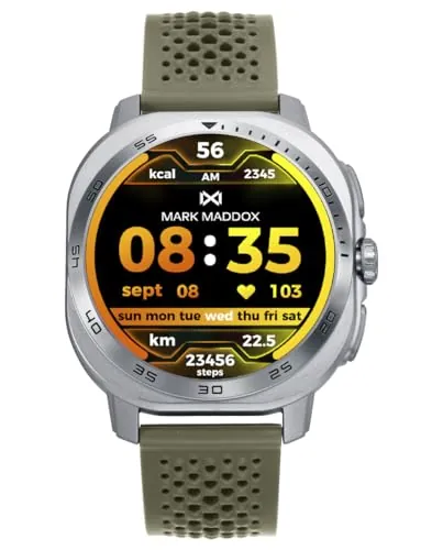 Mark Maddox Smart HS2008-80 – Smartwatch Unisex Verde Militar, Correa de Goma Transpirable con Hebilla, GPS en App, Llamadas Desde el Reloj, Control de Estrés y Ritmo Cardíaco, Colección Smart Now