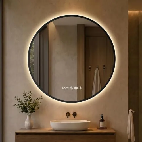 Espejo Baño con Luz LED Redondo Ø80 cm, Antivaho, 3 Tonos | Espejos de Baño con LED, Marco Negro de Aluminio, Regulable, Retroiluminado, Hora y Temperatura, Memoria, Tira LED IP65