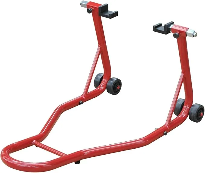 HOMCOM Caballete de Moto Soporte Posterior Universal Portátil y Móvil Tipo Elevador de Acero con 2 Horquillas y Ruedas 80x50x40 cm Color Rojo