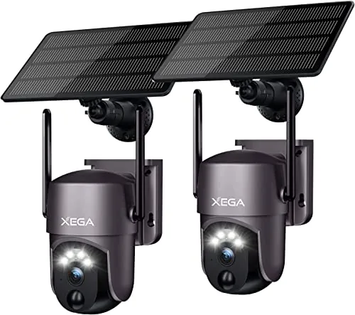 Xega 2 Piezas Wi-Fi Cámara de Seguridad Solar Inalámbrica para Exteriores | 2K Cámara de Vigilancia para la Seguridad del Hogar, Visión Nocturna, Detección de Personas PIR/IA, Audio Bidireccional