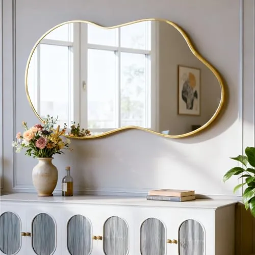 NEUWEABY Espejo de Pared Irregular, Espejo asimétrico en Forma de Nube 67 x 115 cm, Espejos de tocador Grandes y únicos, Dorados para baño, montados en la Pared para Vestir en la Entrada del salón