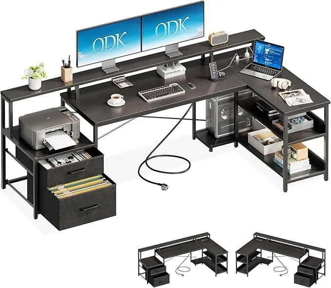 ODK Escritorio con Cajones, 189.3×100cm Escritorio Esquinero Reversible Grande con Estanteria, Escritorio en L con Puerto USB y Toma de Corriente para la Oficina en Casa, Negro