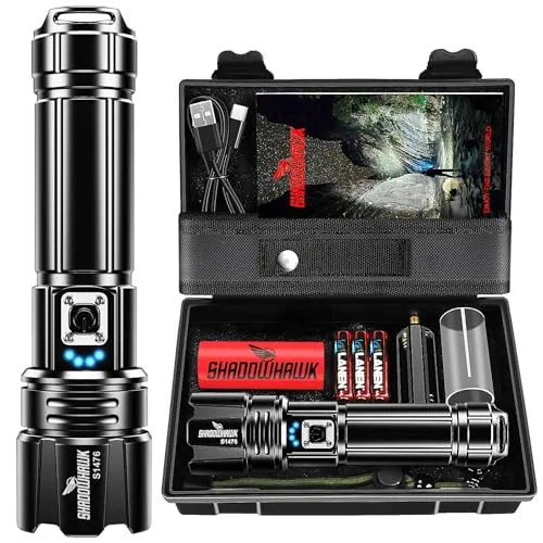 Shadowhawk Linternas LED Alta Potencia 1,000,000 Lúmenes, Linterna LED Recargable USB Táctica Militar Potente, XHP70.2 Linterna led, IPX67 Impermeable 5 Modos Portátil Linternas