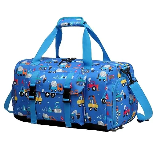 Bolsa de Viaje Infantil, Kasgo Bolsa Deporte Niño Bolsa Danza Niña Ligero Bolso de Fin de Semana con Compartimento de Calzado Impermeable Bolsas de Hombro para Gimnasio Atlético Cámping, Carro Azul