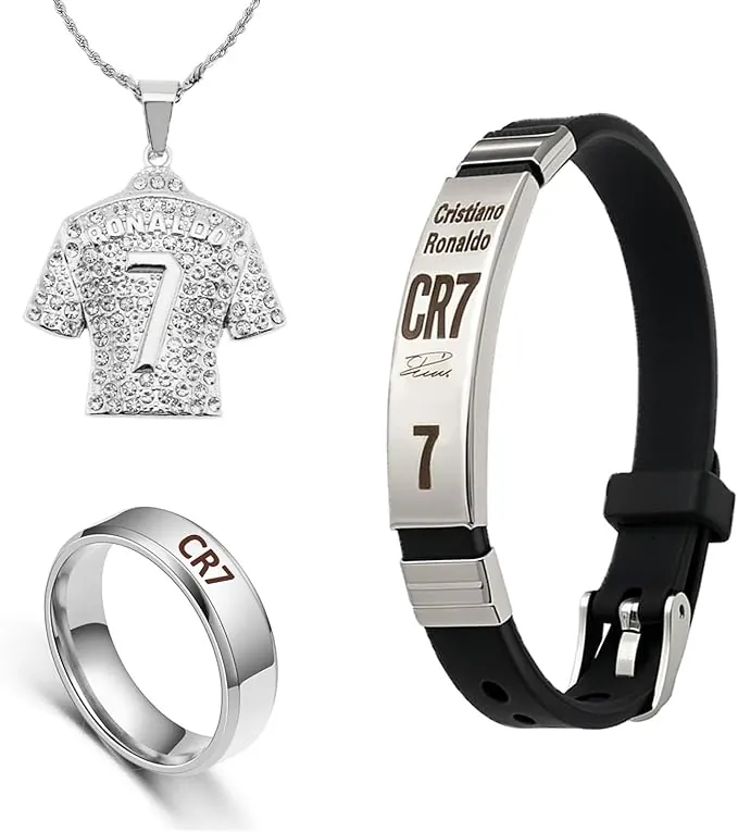 Scinzene Juego de accesorios de fútbol – Anillo CR 7, collar y pulsera para aficionados – Joyas deportivas para jugadores y colgantes