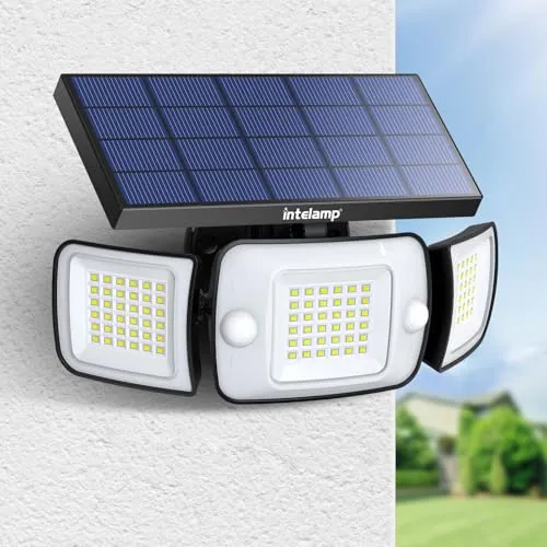 intelamp Foco Solar Exterior con Sensor de Movimiento, Luz Solar LED 1200LM, Batería 6000mAh, 3 Cabezales Ajustables, Doble PIR, IP65, para Jardín, Garaje, Patio y Camino