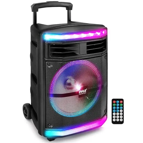 Pyle Altavoz, PA, 600V, Bluetooth, Portatil, Recargable, Exteriores, Luces de Fiesta, Lector de Tarjetas SD MP3/USB