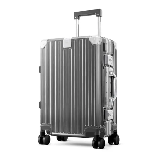 ALPHA CAMP Maleta Cabina 55.5x37x22 CM Policarbonato y Aluminio Maleta Mediana Gris Viaje TSA Candado Maleta Rígida con Ruedas Giratorias Silenciosas 37L Maleta Impermeable Mango Telescópico