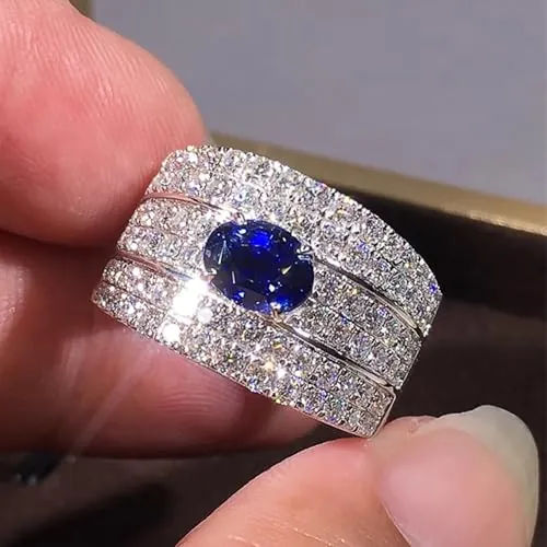 Anillos de lujo brillantes con circonita cúbica azul ovalada para mujer, hermosos accesorios de boda, 10, Latón, Zirconia cúbica