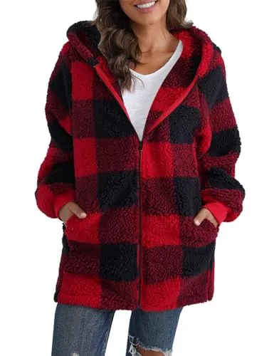 ABINGOO Sudadera con Capucha Mujer Polar Invierno Chaqueta Oversize Hoodies con Bolsillos Cálida Cremallera Jersey Cálido Abrigos a Cuadros Sueltos(Rojo,XXL)